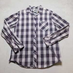 NSS Mens Extra Large XL Plaid Button Down Shirt Grey Black Purple Cotton L/S